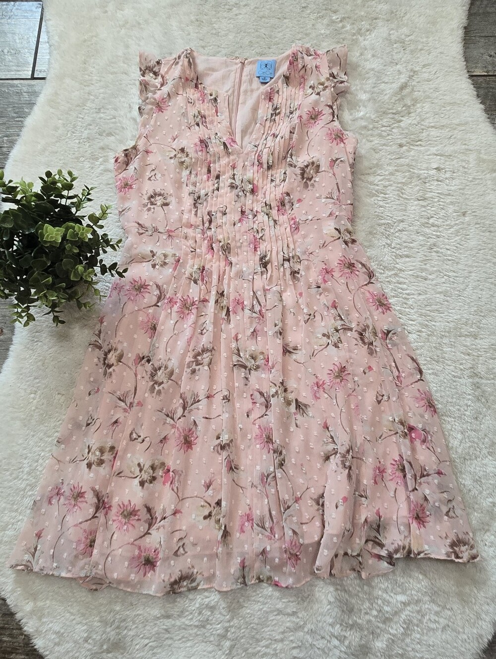 Cece Pink Floral Swiss Dot Pintuck Pleat Flutter Sleeve Cottagecore Dress, 10